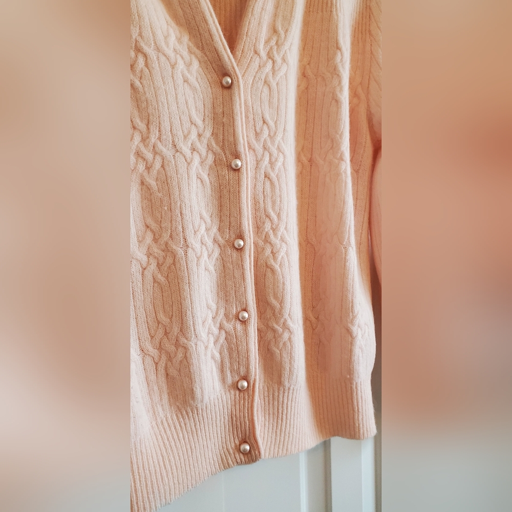 Vintage Womens Lambswool Angora Blend Light Pink Grandmacore Cardigan Sweater - Picture 2 of 7